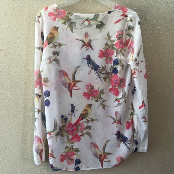 DNA Couture Sheer white blouse w/ Beautiful Bird S - Picture 9 of 10